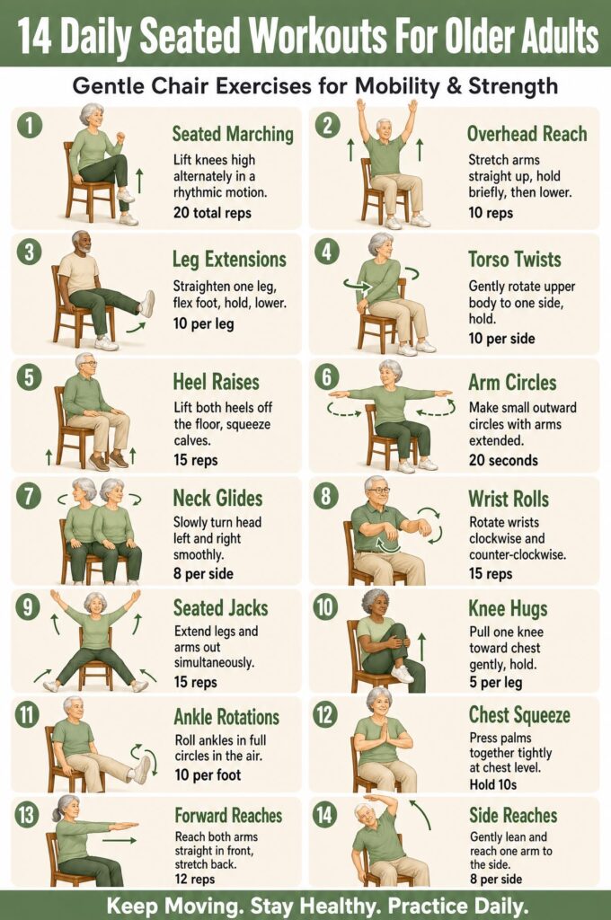 Infographic titled '14 Daily Seated Workouts For Older Adults' showing 14 numbered chair-exercise panels with illustrations and brief instructions for each move (e.g., seated marching, overhead reach, leg extensions).