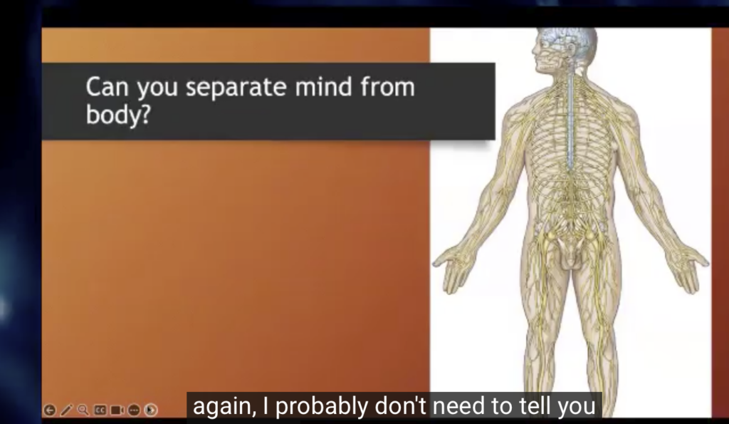 Slide asking 'Can you separate mind from body?' with a diagram of the human nervous system on the right side.